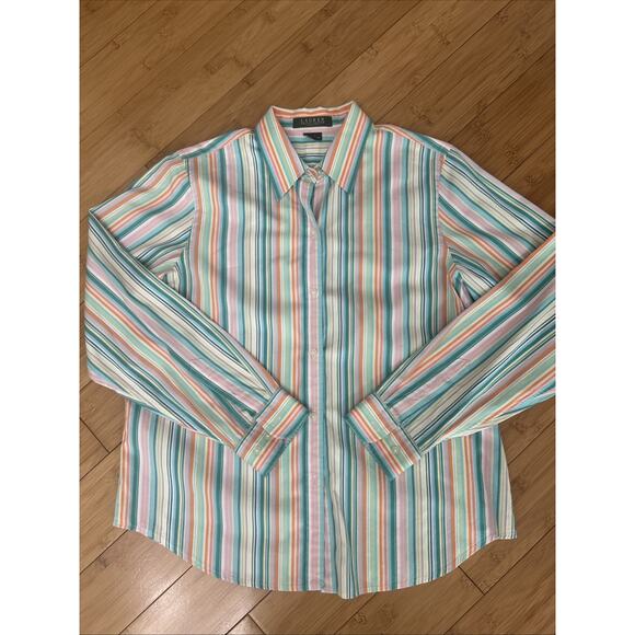 Lauren Ralph Lauren Button Up Shirt Vertical Striped Preppy Effortless Sz PL - Picture 1 of 5